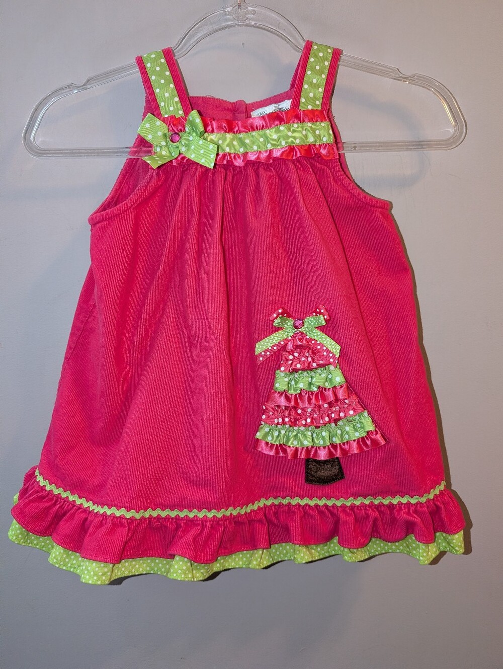 🌲 Rare Editions Vtg Hot Pink Corduroy Jumper Dress Pinafore w Christmas Tree